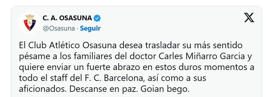 Barcelona vs Osasuna se pospone por muerte del médico Carles Miñarro