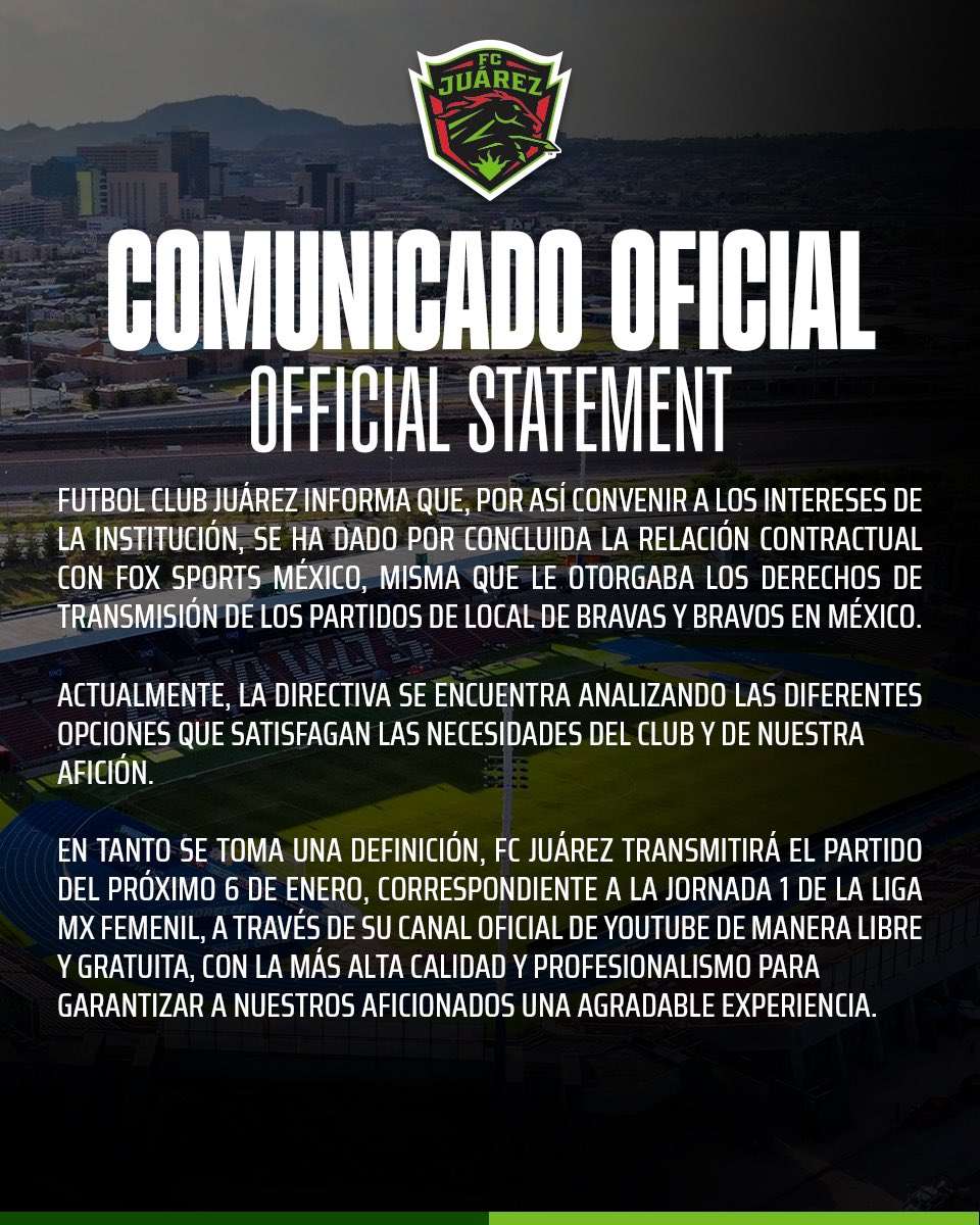 Comunicado oficial de Juárez sobre la transmisión de sus partidos 