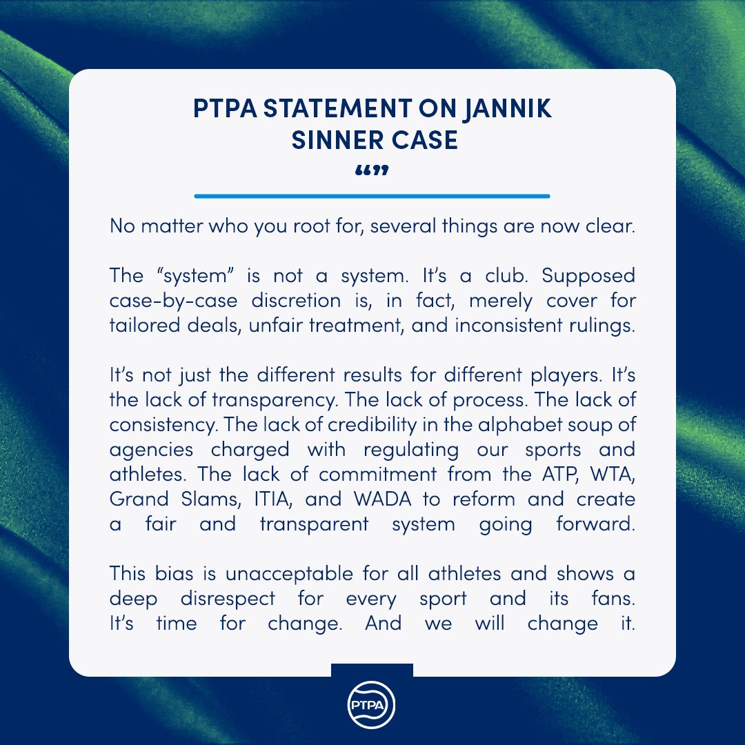 Postura de Asociación de jugadores PTPA por suspensión de Jannik Sinner