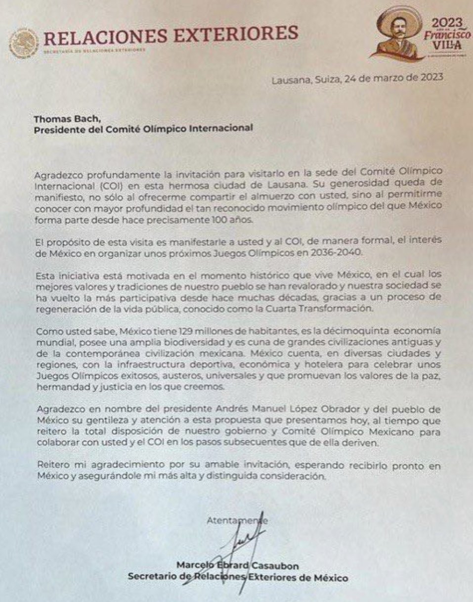 The letter that formalizes Mexico's intention to host the Olympic Games