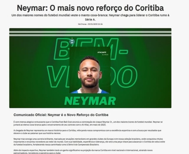 Curitiba anuncia el fichaje de Neymar