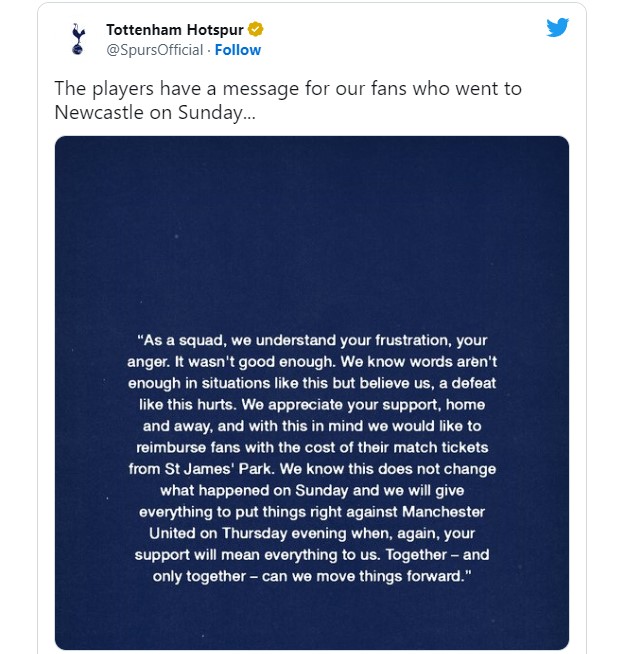 Tottenham players will refund their fans after humiliation vs Newcastle