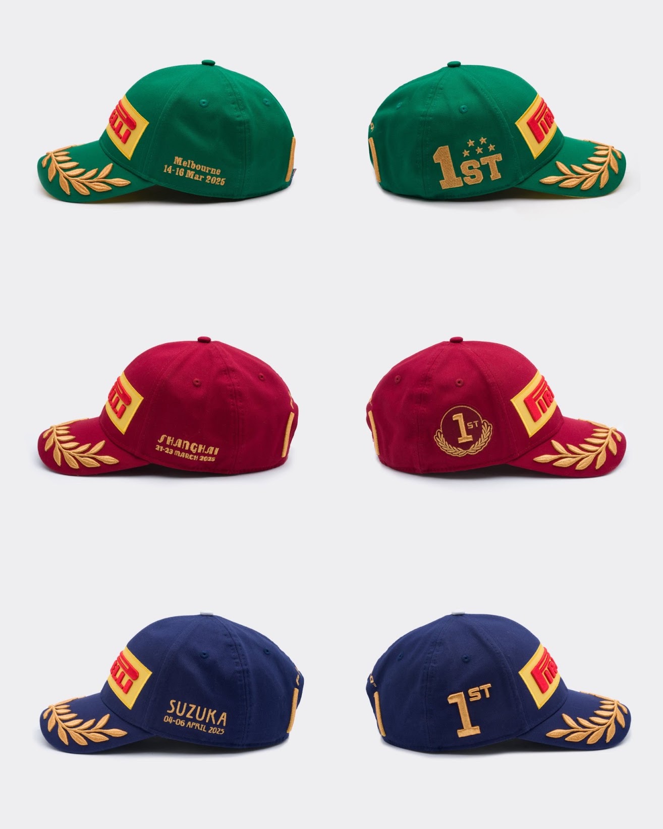 Las gorras del podio de Australia, China y Japón