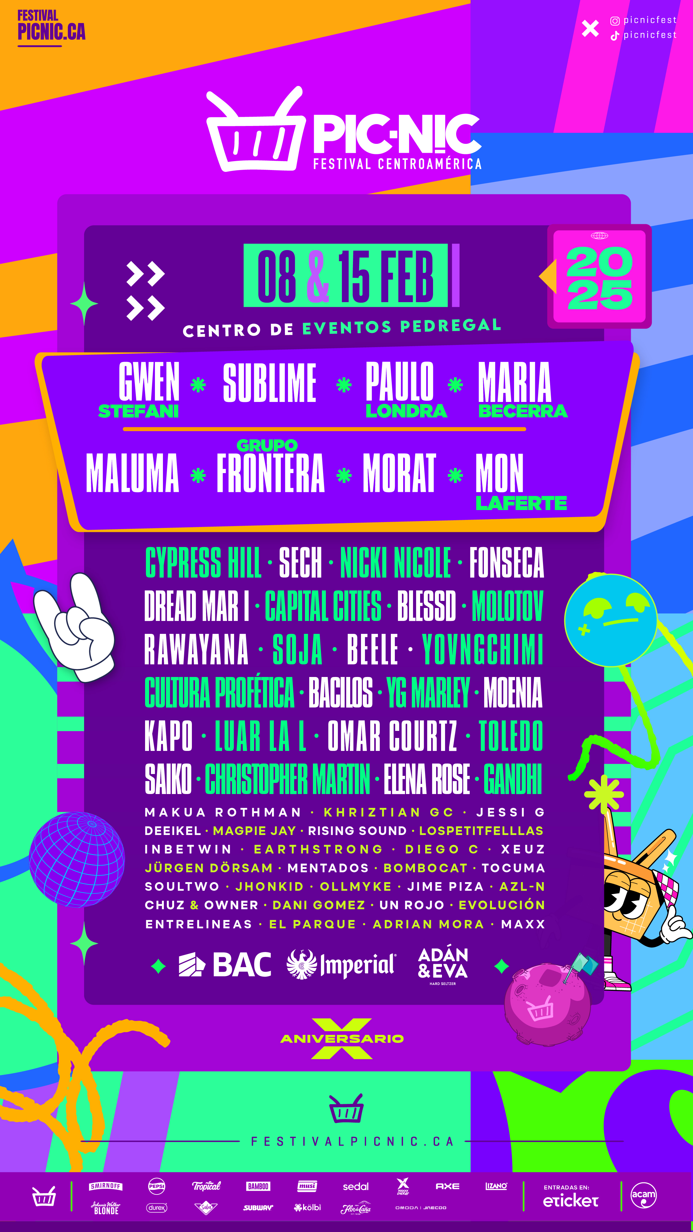 Cartel oficial del Picnic Festival Centroamérica 2025, destacando fechas, sede y una lista de artistas internacionales como Gwen Stefani, Maluma, Sublime, Paulo Londra, y Maria Becerra, entre otros, con un diseño colorido y vibrante.

