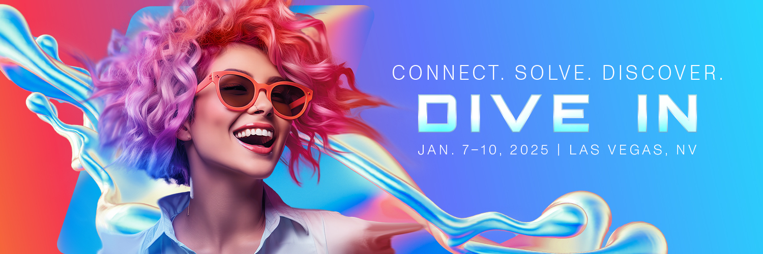 Mujer con cabello rosa y lentes de sol sonriente, rodeada de un diseño abstracto con colores vibrantes; texto principal: "Connect. Solve. Discover. Dive In", evento del CES 2025 en Las Vegas.