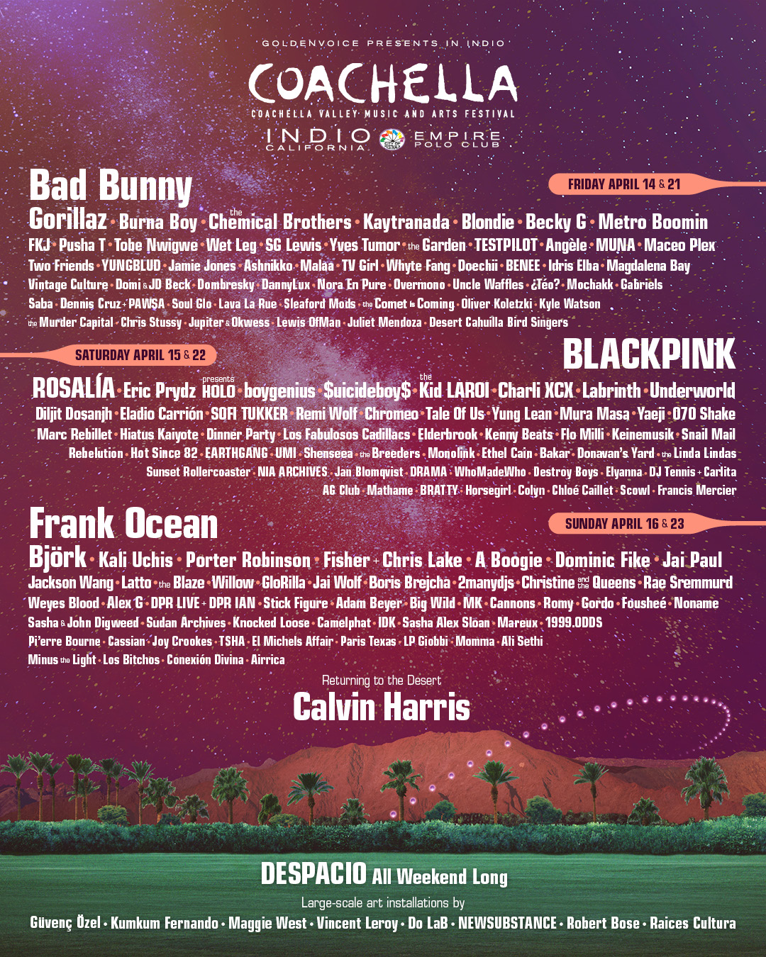 Bad Bunny, Frank Ocean, Bratty, and Gorillaz on the Coachella 2023 poster