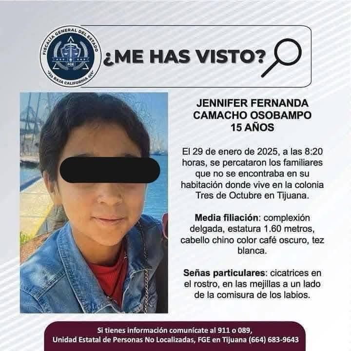 Encuentran en Puebla a Jennifer Fernanda, adolescente de 15 años perdida en Tijuana