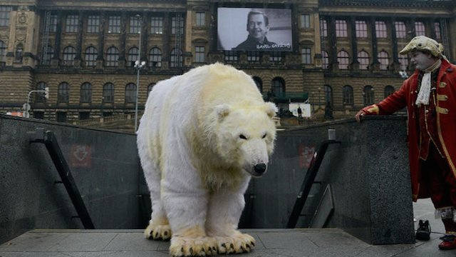 Un activista de Greenpeace se disfrazó de oso polar delante del Teatro Nacional de Praga.