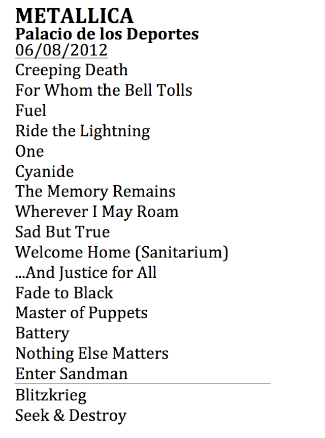 Setlist Metallica Palacio de los deportes agosto 6 2012