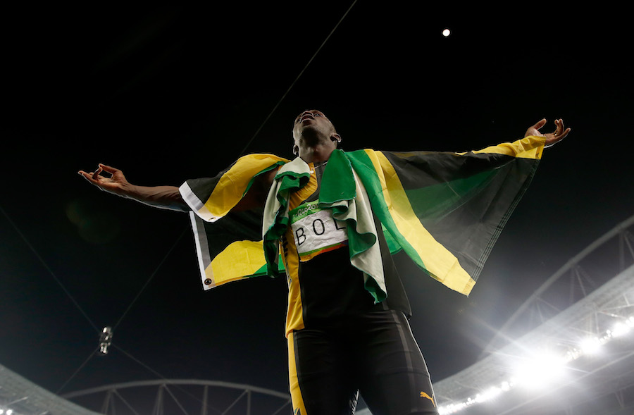 RIO DE JANEIRO, BRAZIL - AUGUST 19: Usain Bolt of Jamaica celebrates winning the Men's 4 x 100m Relay Final on Day 14 of the Rio 2016 Olympic Games at the Olympic Stadium on August 19, 2016 in Rio de Janeiro, Brazil. (Photo by Phil Walter/Getty Images)