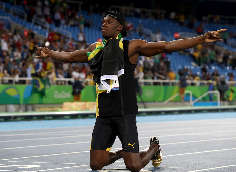 RIO DE JANEIRO, BRAZIL - AUGUST 19: Usain Bolt of Jamaica celebrates winning the Men's 4 x 100m Relay Final on Day 14 of the Rio 2016 Olympic Games at the Olympic Stadium on August 19, 2016 in Rio de Janeiro, Brazil. (Photo by Alexander Hassenstein/Getty Images)