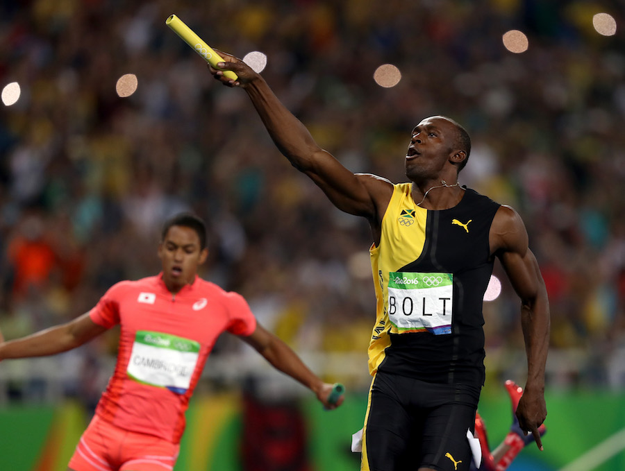 RIO DE JANEIRO, BRAZIL - AUGUST 19: Usain Bolt of Jamaica crosses the finishline to win the Men's 4 x 100m Relay Final on Day 14 of the Rio 2016 Olympic Games at the Olympic Stadium on August 19, 2016 in Rio de Janeiro, Brazil. (Photo by Phil Walter/Getty Images)