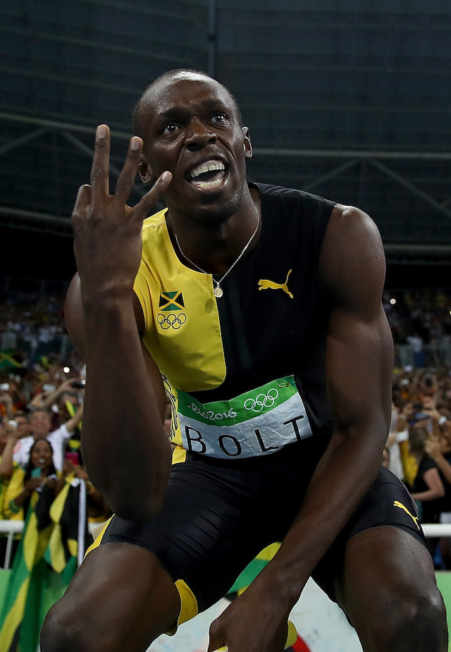 RIO DE JANEIRO, BRAZIL - AUGUST 19: Usain Bolt of Jamaica celebrates winning the Men's 4 x 100m Relay Final on Day 14 of the Rio 2016 Olympic Games at the Olympic Stadium on August 19, 2016 in Rio de Janeiro, Brazil. (Photo by Cameron Spencer/Getty Images)