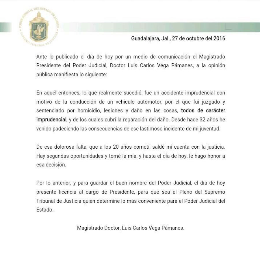 El titular de la Suprema Corte de Justicia de Jalisco pidió licencia de su cargo