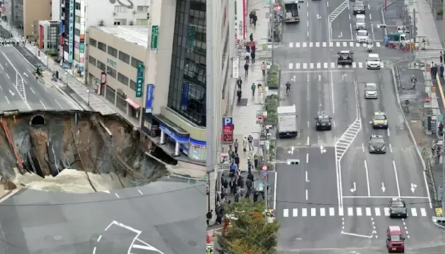 En Japón repararon un enorme bache en menos de una semana