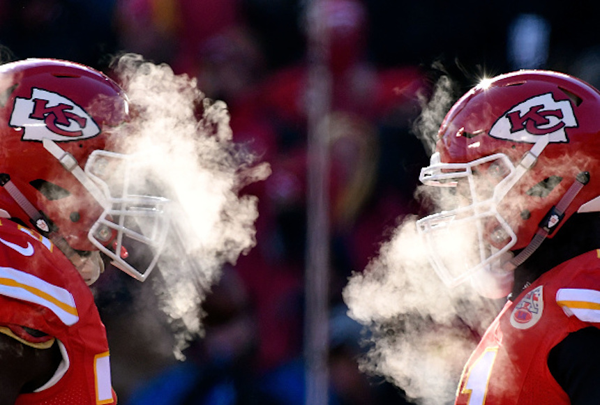 KANSAS CITY, MO - DECEMBER 18: Kansas City Chiefs players' breath 