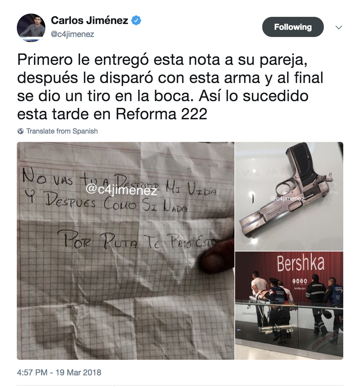 garrapata proyector Plata Muere mujer baleada por su expareja en Reforma 222 | Sopitas.com