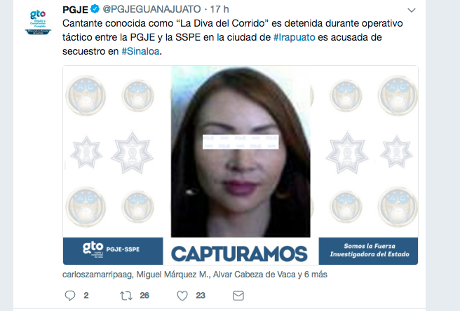 La Diva del Corrido fue detenida por secuestro agravado