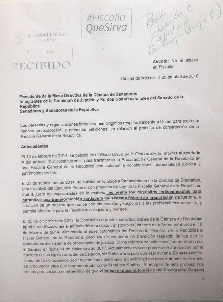 Carta al Senado de Fiscalía que Sirva