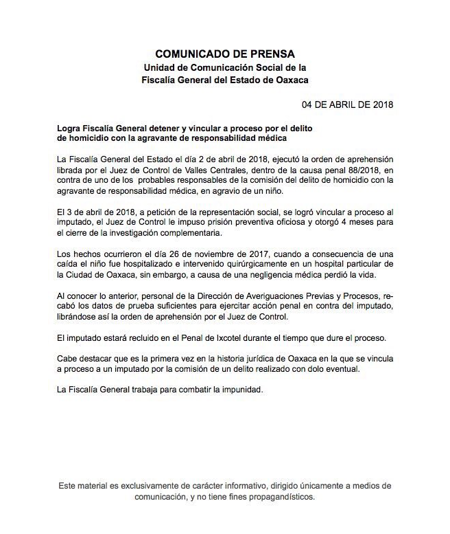 Comunicado Fiscalía Oaxaca