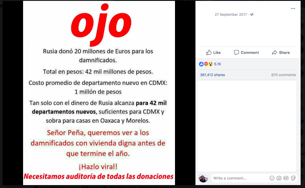 Difunden falsa información sobre supuesta donación de Rusia por 19S