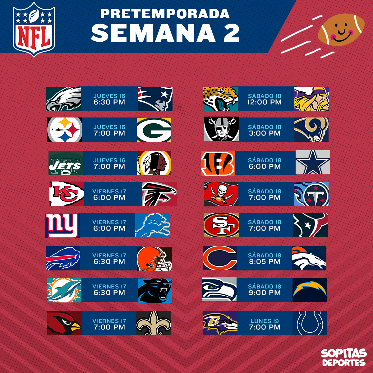 Así se jugará la Semana 2 de la pretemporada de la NFL