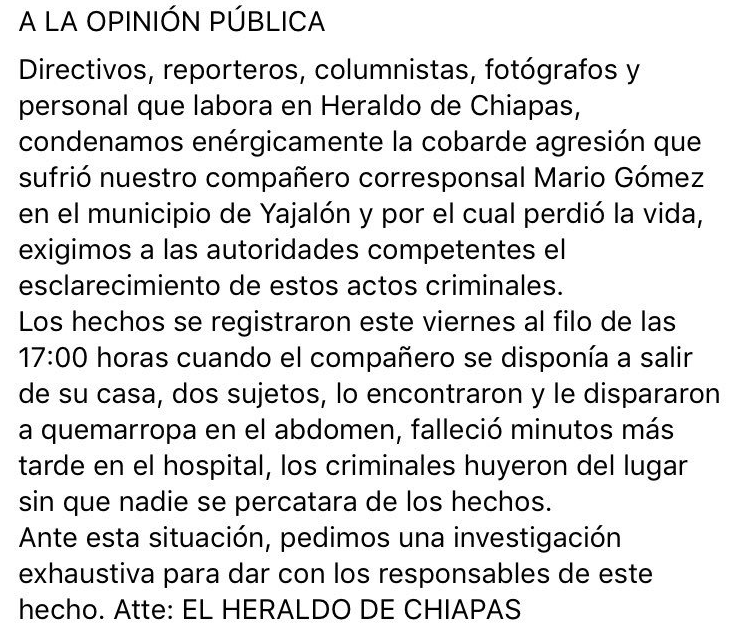 Asesinan en Chiapas al periodista Mario Gómez, corresponsal de El Heraldo 