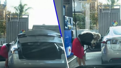 Esta mujer intentó ponerle gasolina a su Tesla... que claramente es eléctrico