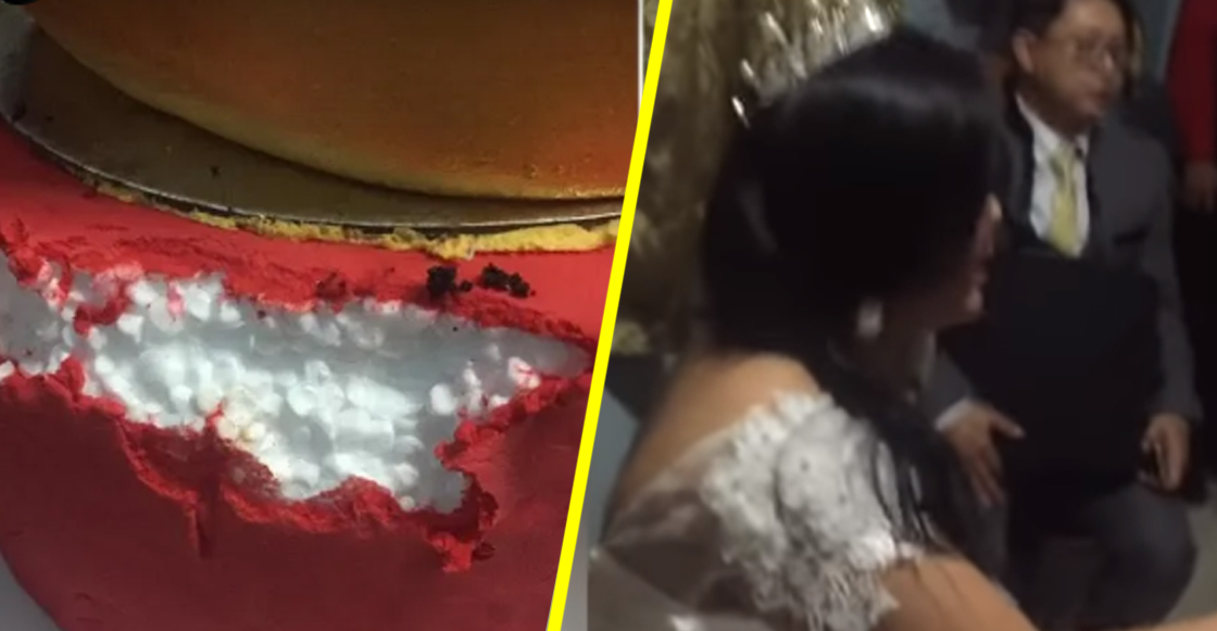 Se pasan: Estafan a pareja con un pastel de bodas de unicel