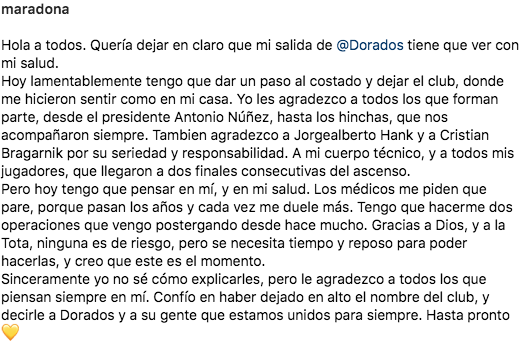 La carta con la que Maradona se despidió de Dorados