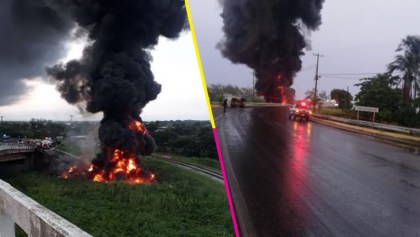 Un tráiler cargado de diésel en Coatzacoalcos cayó de un puente y explotó