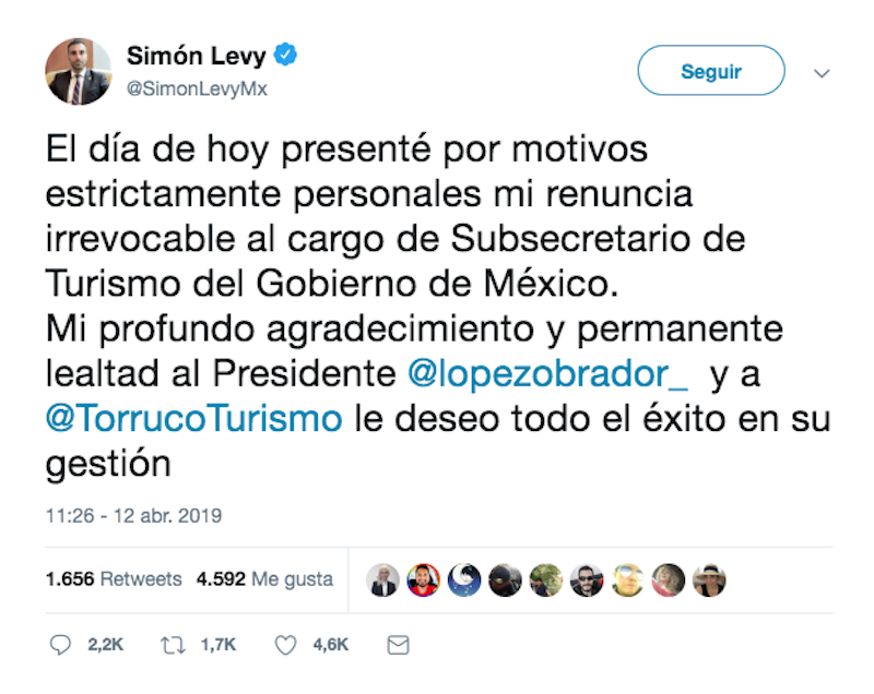 tuit-simón-levy-renuncia-turismo