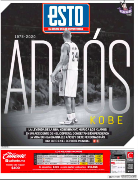 Diarios del mundo recuerdan a Kobe Bryant en sus portadas