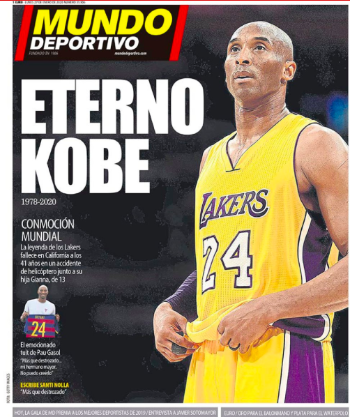 Diarios del mundo recuerdan a Kobe Bryant en sus portadas