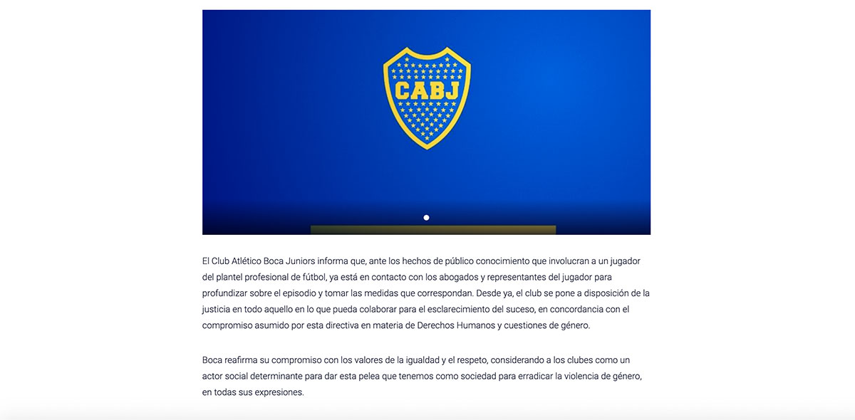 Acusan a jugador de Boca Juniors de violencia de género y el club responde