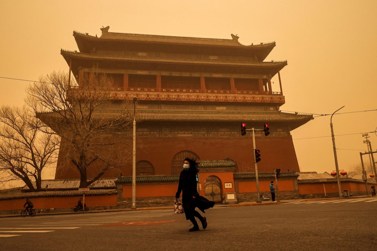 Sandstorm during morning rush hour in Beijing, China