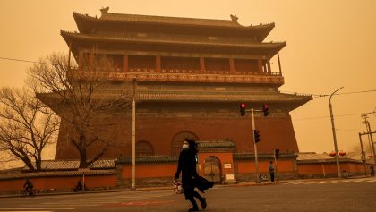 Sandstorm during morning rush hour in Beijing, China