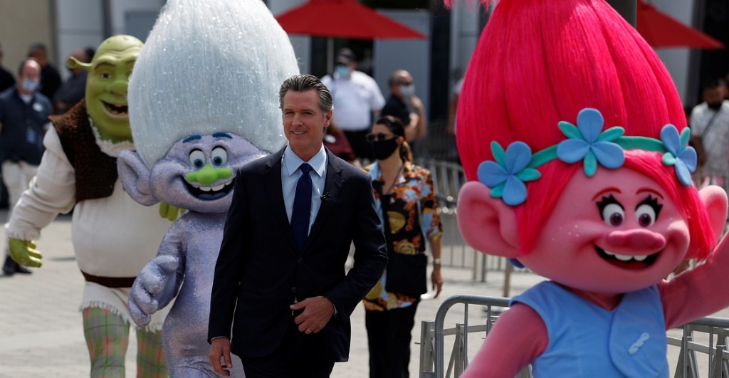 California Governor Gavin Newsom arrives to hold a news conference at Universal Studios Hollywood in Universal City, Los Angeles, California, U.S. June 15, 2021.