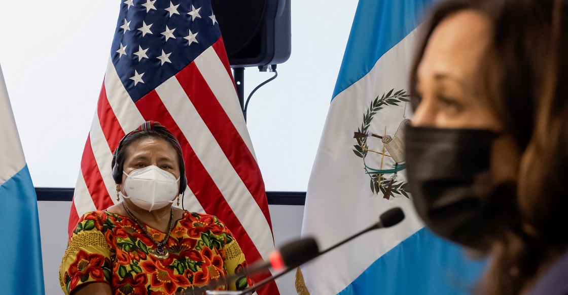 Nobel Peace Prize and member of the Indigenous Women's Platform Rigoberta Menchu and U.S. Vice President Kamala Harris participate in a roundtable with members of the Guatemalan community and civil society leaders at the Universidad del Valle de Guatemala, during Harris' first international trip as Vice President to Guatemala and Mexico, in Guatemala City, Guatemala June 7, 2021.