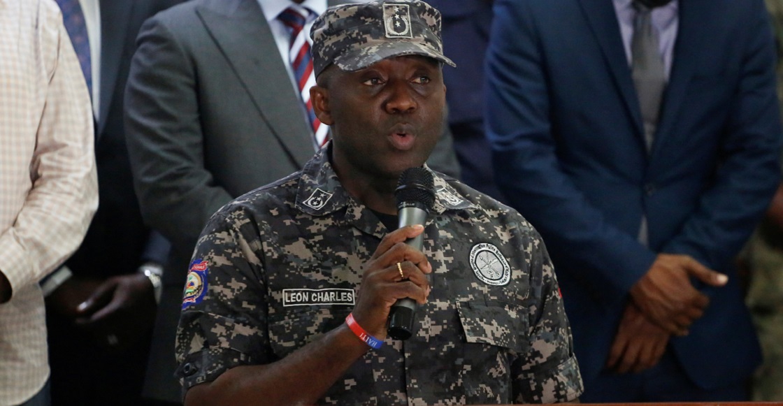 Police Chief Leon Charles addresses the audience after suspects in the assassination of President Jovenel Moise, who was shot dead early Wednesday at his home, were shown to the media, in Port-au-Prince, Haiti July 8, 2021. 