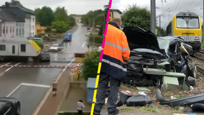 ¡Estuvo cerca! Así se salvó una mujer de ser arrollada en su auto por un tren