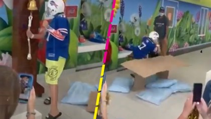 Pequeño fan de los Bills de Buffalo celebra rompiendo una mesa tras vencer el cáncer