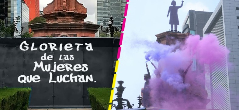 "Glorieta de las mujeres que luchan": Feministas ponen antimonumento donde estaba la estatua de Colón