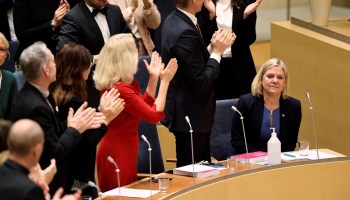 Current Finance Minister and Social Democrat leader Magdalena Andersson is congratulated after being appointed as the country's new Prime Minister following a voting at the Swedish Parliament Riksdagen in Stockholm, Sweden November 24, 2021. Andersson is the first ever Swedish female prime minister.