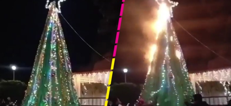 Intentan encender árbol de Navidad en Tula y se incendia por la pirotecnia