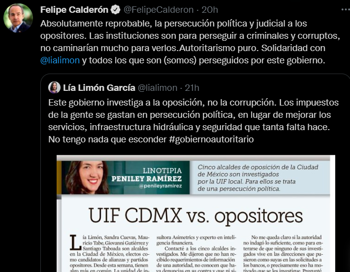 Que dice Felipe Calderón que es un perseguido del gobierno de AMLO