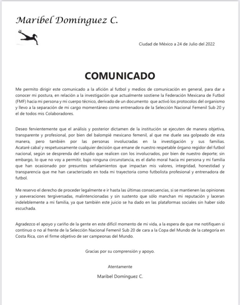 Comunicado de Maribel Domínguez