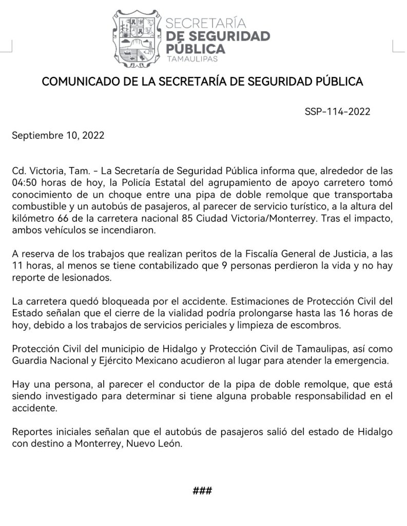 Se reportan 9 personas muertas tras choque entre una pipa y un autobús en Tamaulipas