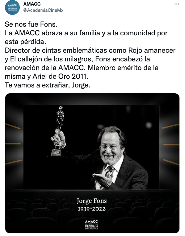 Falleció a los 83 años Jorge Fons, director de 'Rojo amanecer'