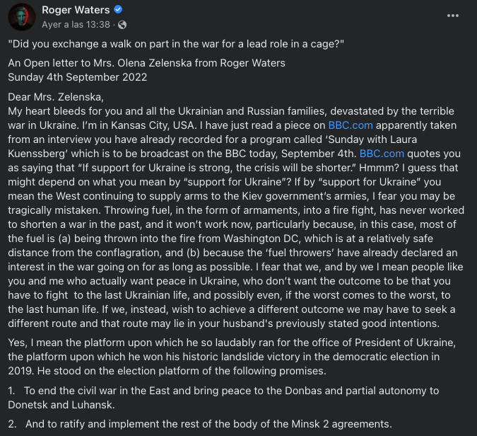 Roger Waters y la carta que le mandó a la Primera Dama de Ucrania